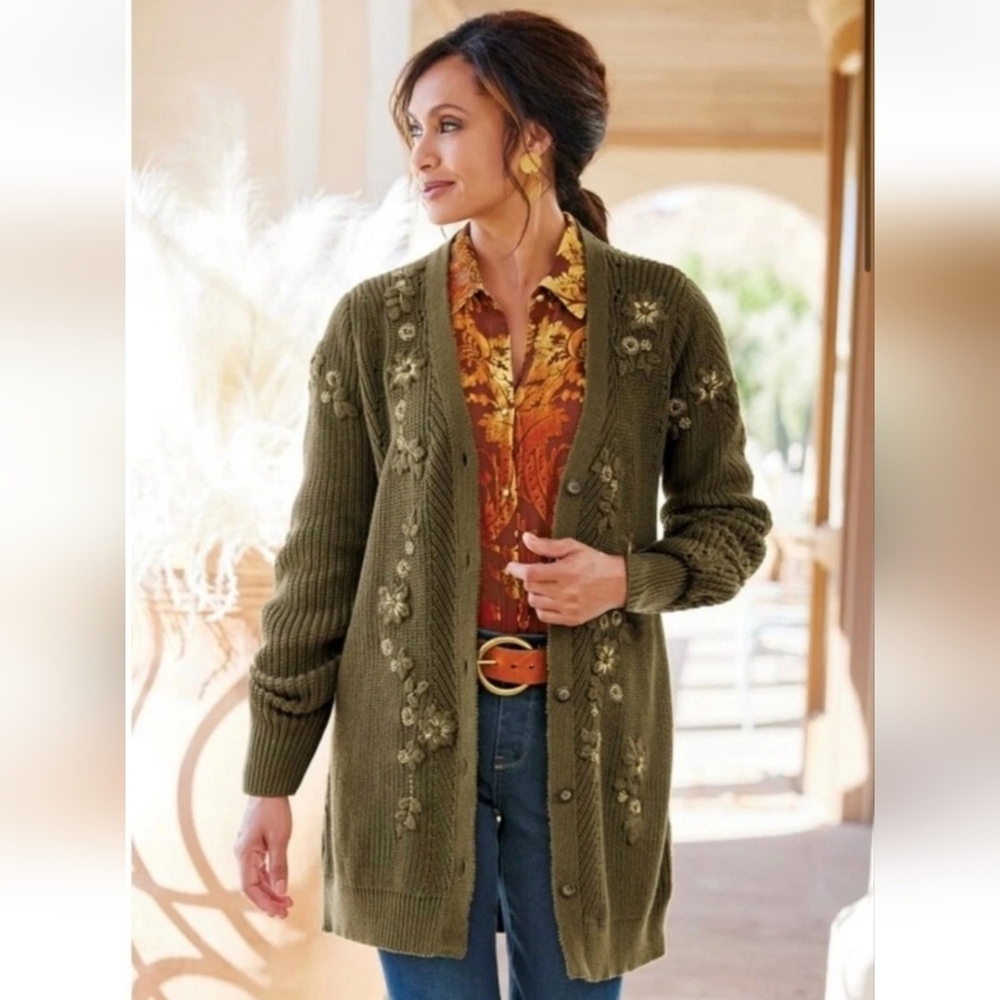 Soft‎ Surroundings Enchanted Forest Cardigan Sweater 3d Knit Green 2FN41 Large